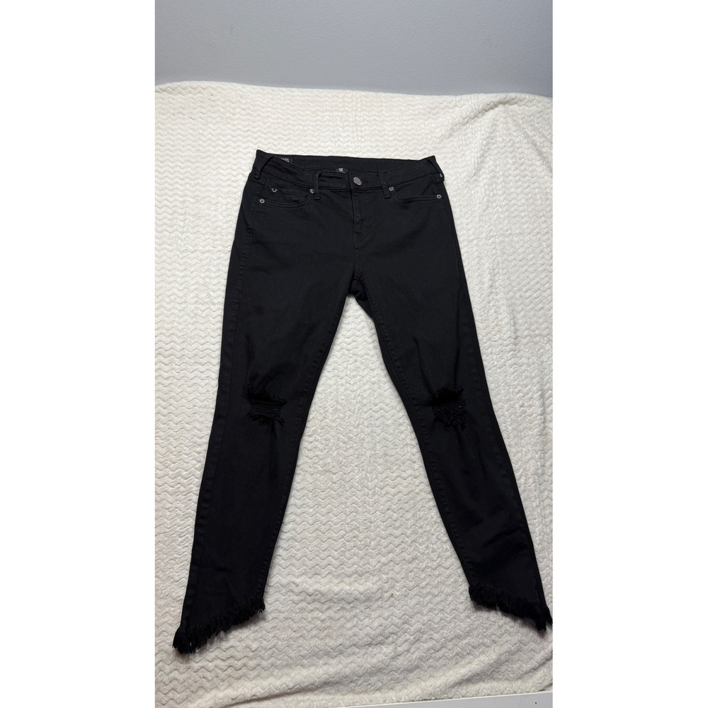 True Religion Halle Mid Rise Super Skinny Black Distressed Step Hem Jeans 30